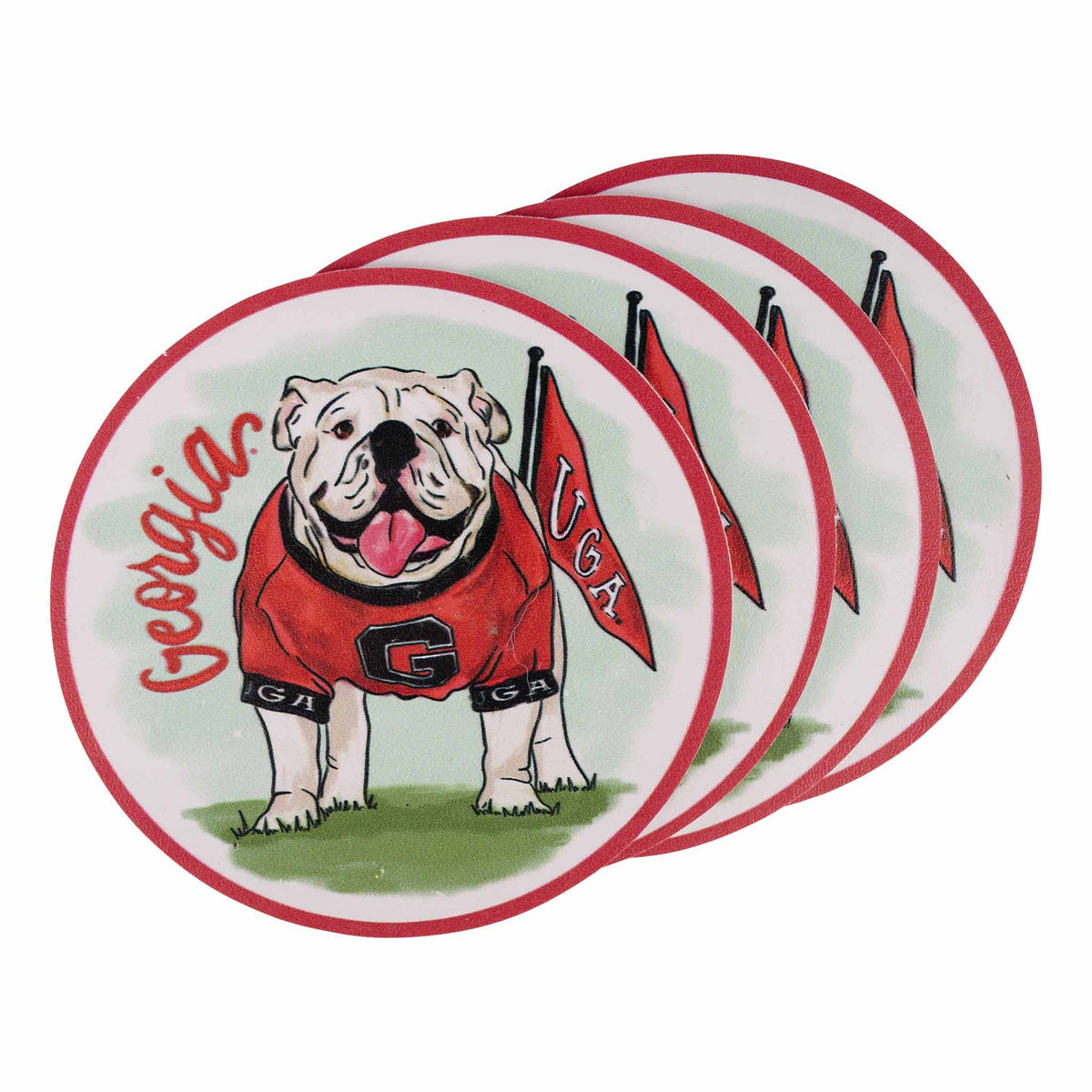 Georgia Mascot Coaster Set from Glory Haus, featuring four colorful coasters with the Georgia Bulldogs mascot design.