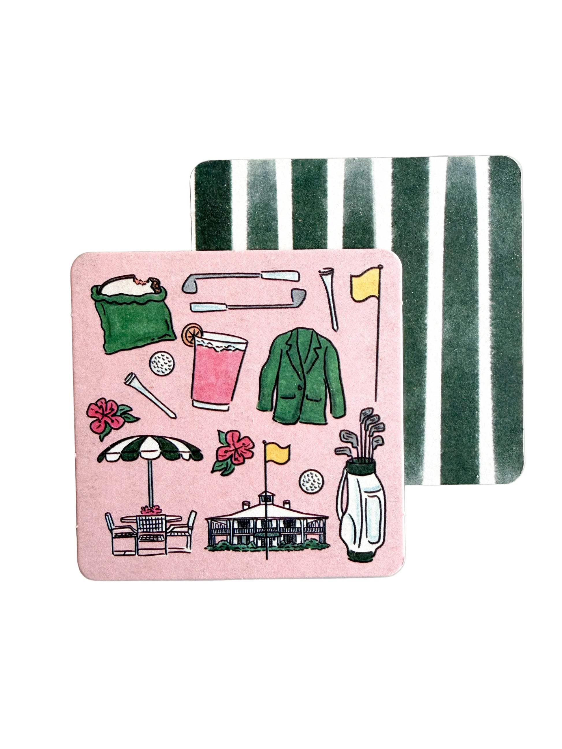 Set of 12 Augusta Golf Tournament Essentials disposable coasters by Thirteenwinks, featuring golf-themed designs on paper coasters.
