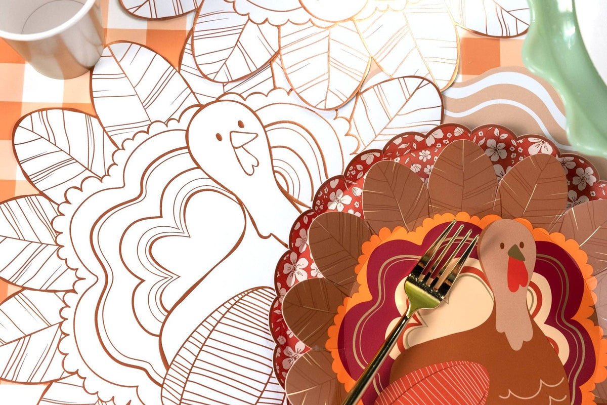 Thanksgiving turkey coloring placemats by Gatherings by Curated Paperie, featuring festive autumn-themed coloring pages for kids.
