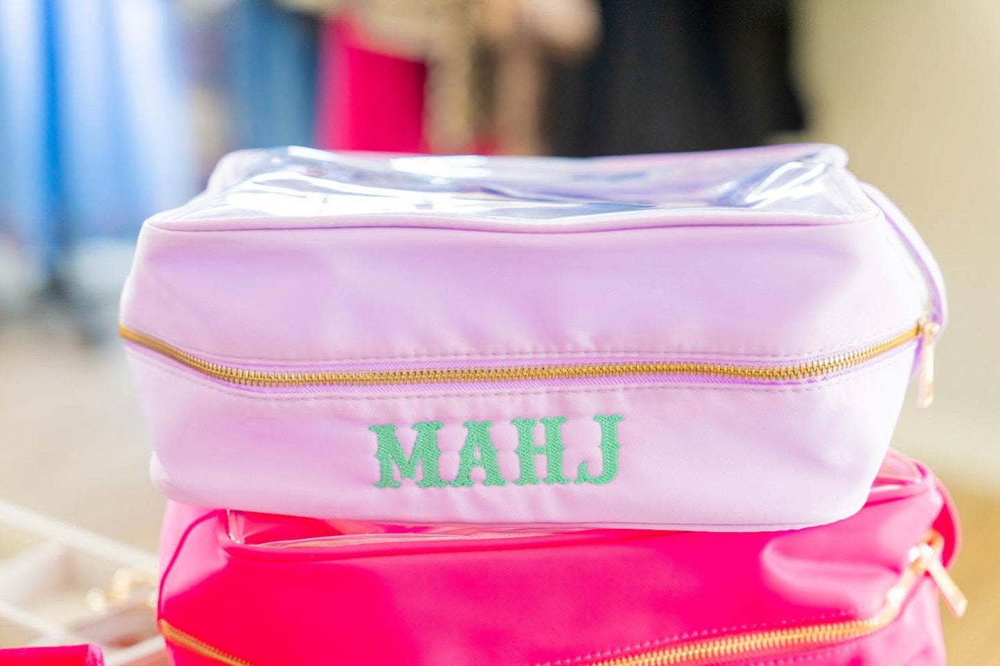 Clear Mahjong Tile Storage Bag with Handles: Hot Pink / Let's Mahj - Porcupine Paper Co.