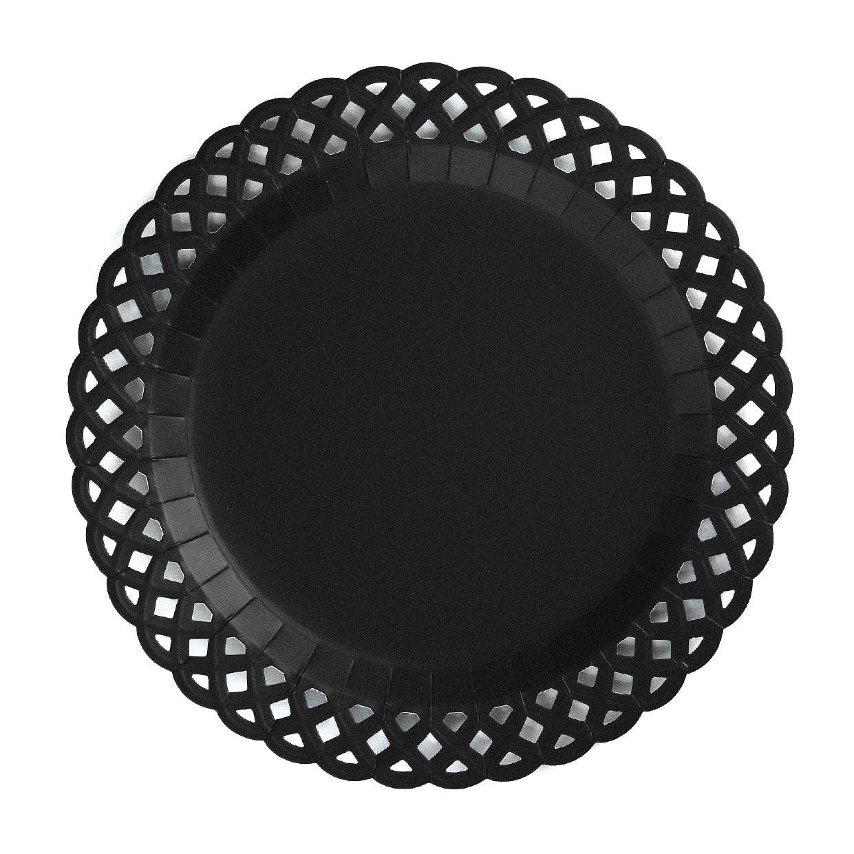Black Basketweave Dinner Paper Plates from Gatherings by Curated Paperie with a woven pattern and sturdy paper material.
