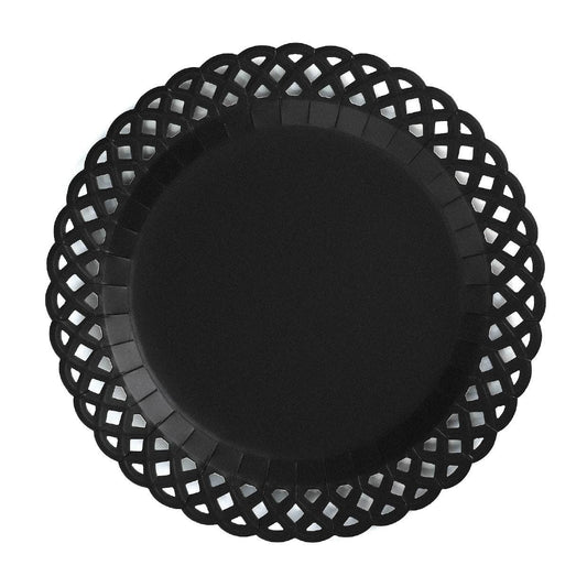 Black Basketweave Dinner Paper Plates from Gatherings by Curated Paperie with a woven pattern and sturdy paper material.