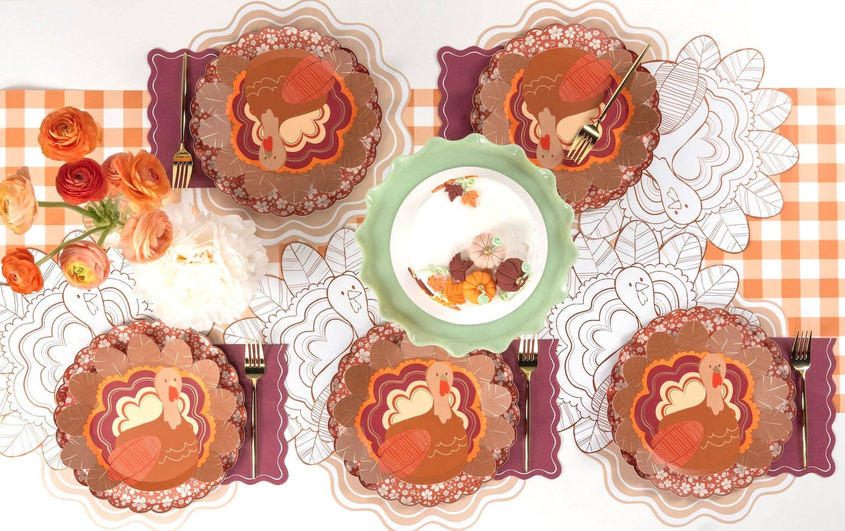 Thanksgiving turkey coloring placemats by Gatherings by Curated Paperie, featuring festive turkey illustrations for holiday coloring fun.