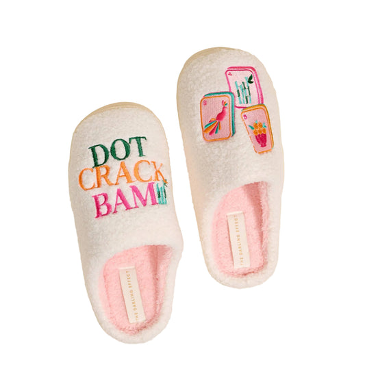 Fuzzy slippers with dot crack pattern from The Darling Effect, in medium/large size, featuring cozy plush material and slip-on style.
