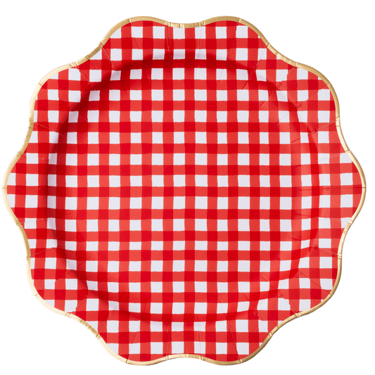 Set of 8 cherry red gingham dinner plates with gold foil rim, 11-inch size, by Bonjour Fête, perfect for festive table settings.