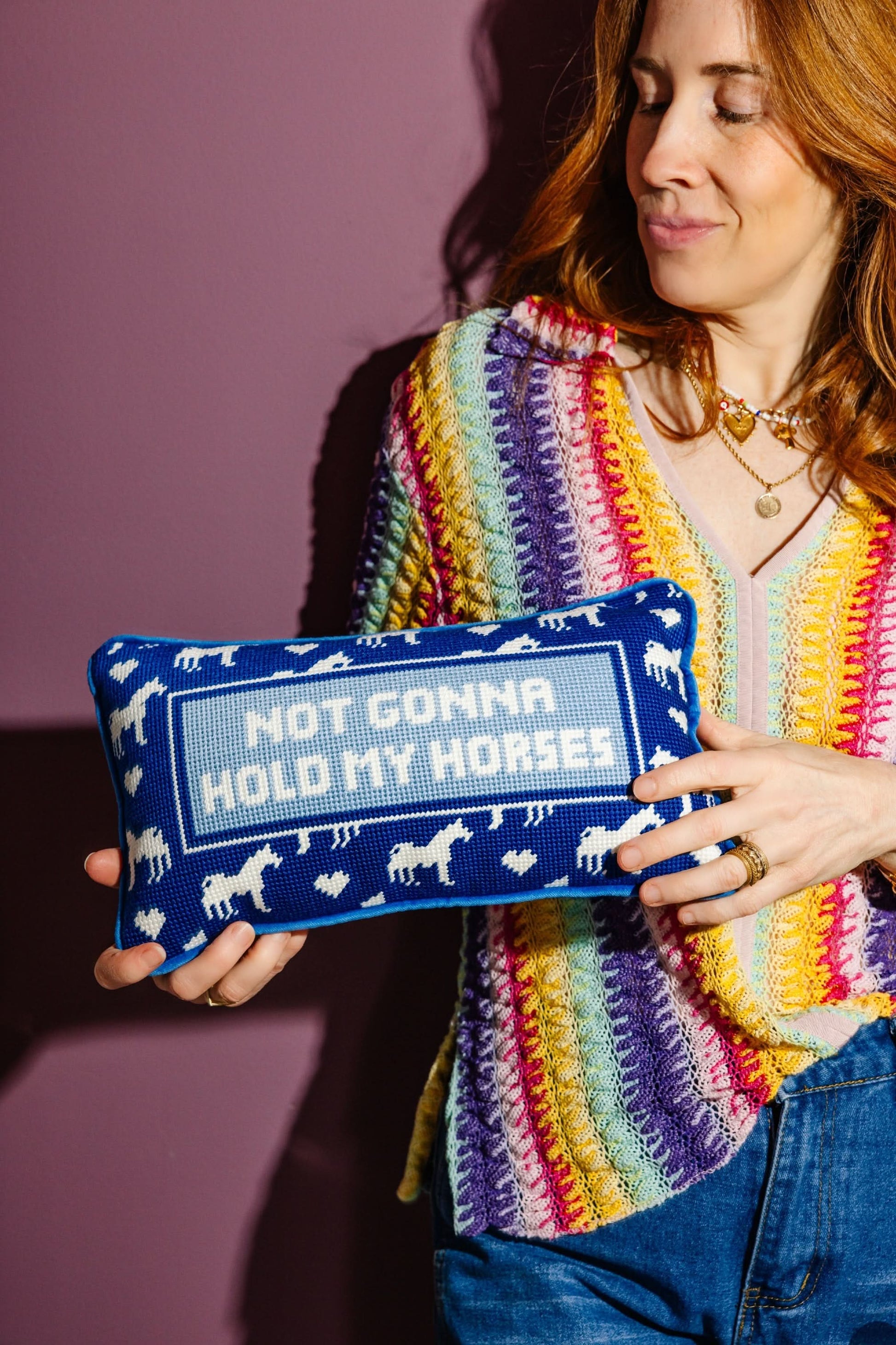 Hold My Horses Needlepoint Pillow - Porcupine Paper Co.
