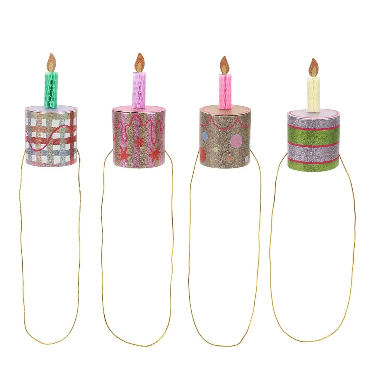 Set of four mini birthday cake party hats by Packed Party, featuring colorful cake designs for celebration accessories.