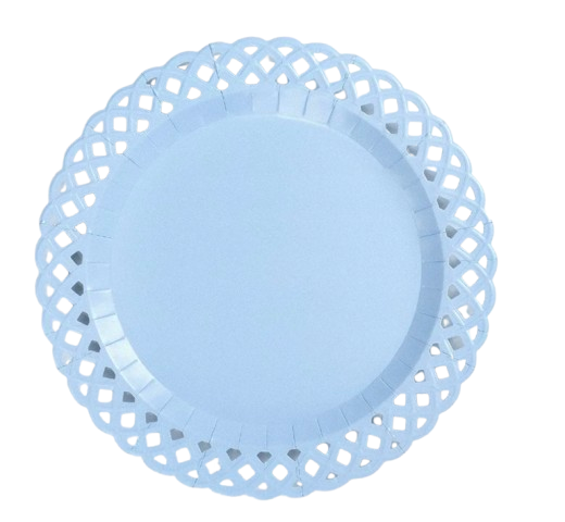 Set of 8 light blue basketweave dinner paper plates by Gatherings, 10.5-inch size, with intricate woven pattern on sturdy paper
