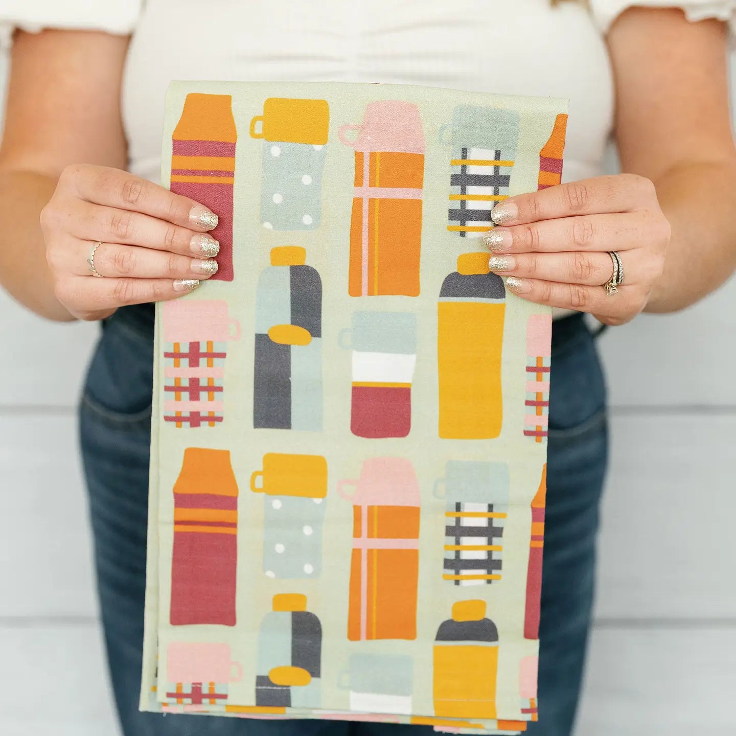Full pattern thermos flour sack kitchen towel by Doe A Deer featuring colorful thermos print on soft cotton fabric.