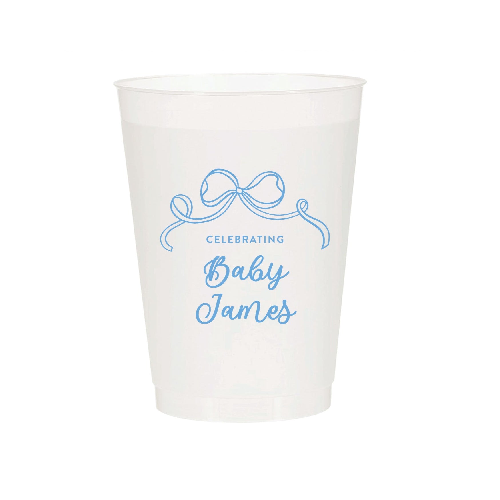 White paper cup with blue text and design on a white background