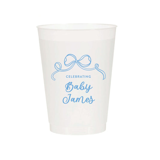 White paper cup with blue text and design on a white background