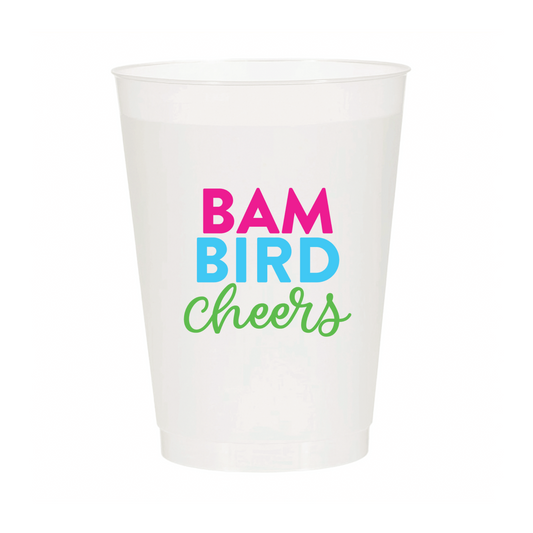 Six frosted 16oz Mahjong Bam Bird Cheers cups by Sip Hip Hooray featuring colorful bird and cherry designs.