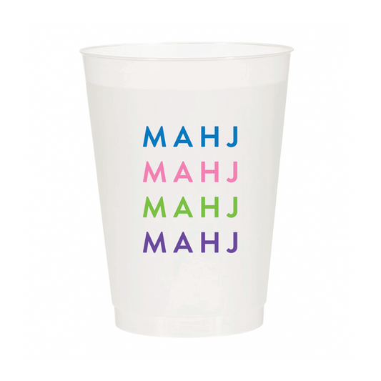 Set of six frosted Mahj Mahj Mahj Mahjong-themed cups by Sip Hip Hooray, featuring colorful geometric designs.