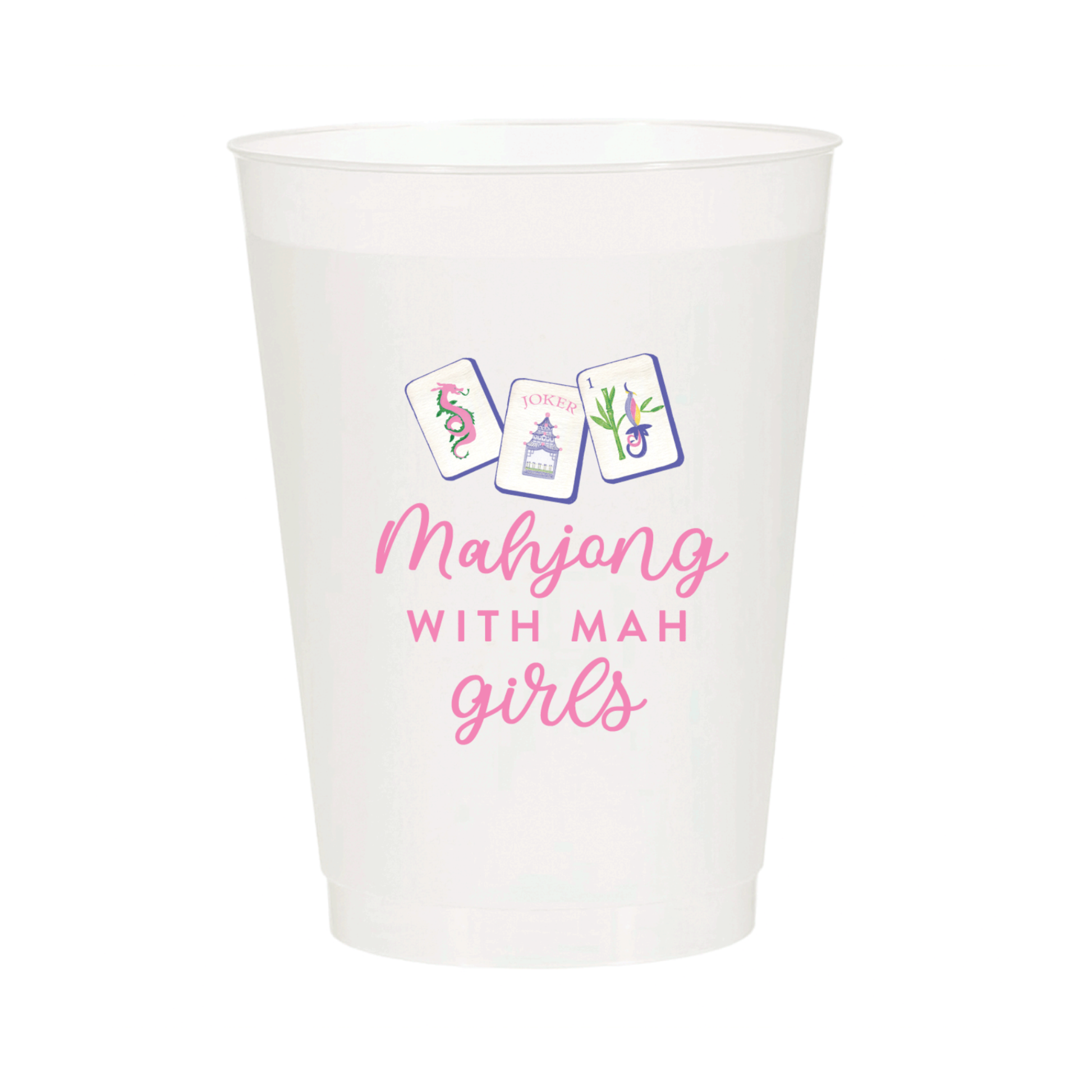 Six frosted cups featuring Mahjong with Ma Girls designs from Porcupine Paper Co., perfect for collectibles or themed drinks.