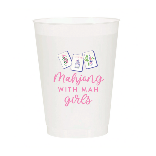 Six frosted cups featuring Mahjong with Ma Girls designs from Porcupine Paper Co., perfect for collectibles or themed drinks.