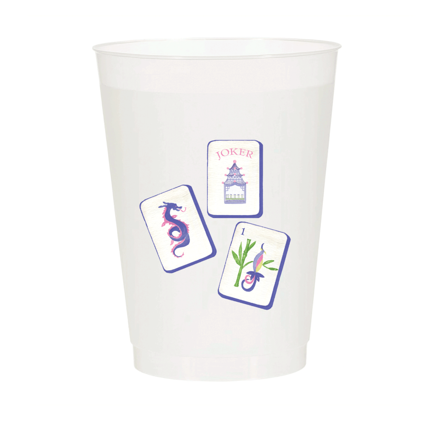 Six frosted ceramic cups featuring Mahjong tile designs, ideal for themed parties and collectible drinkware by Sip Hip Hooray.
