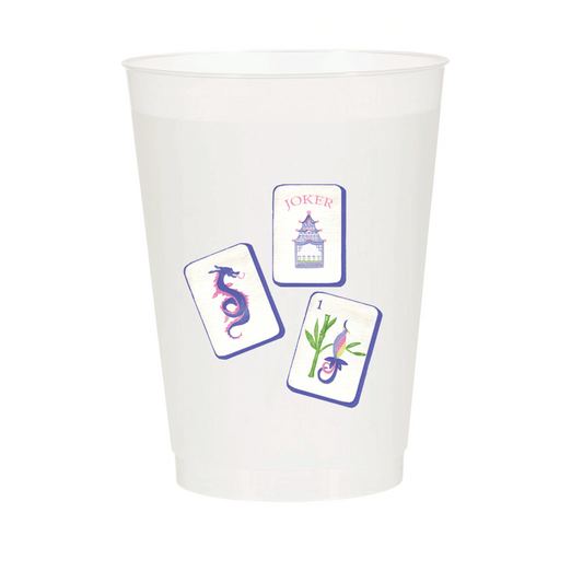 Six frosted ceramic cups featuring Mahjong tile designs, ideal for themed parties and collectible drinkware by Sip Hip Hooray.