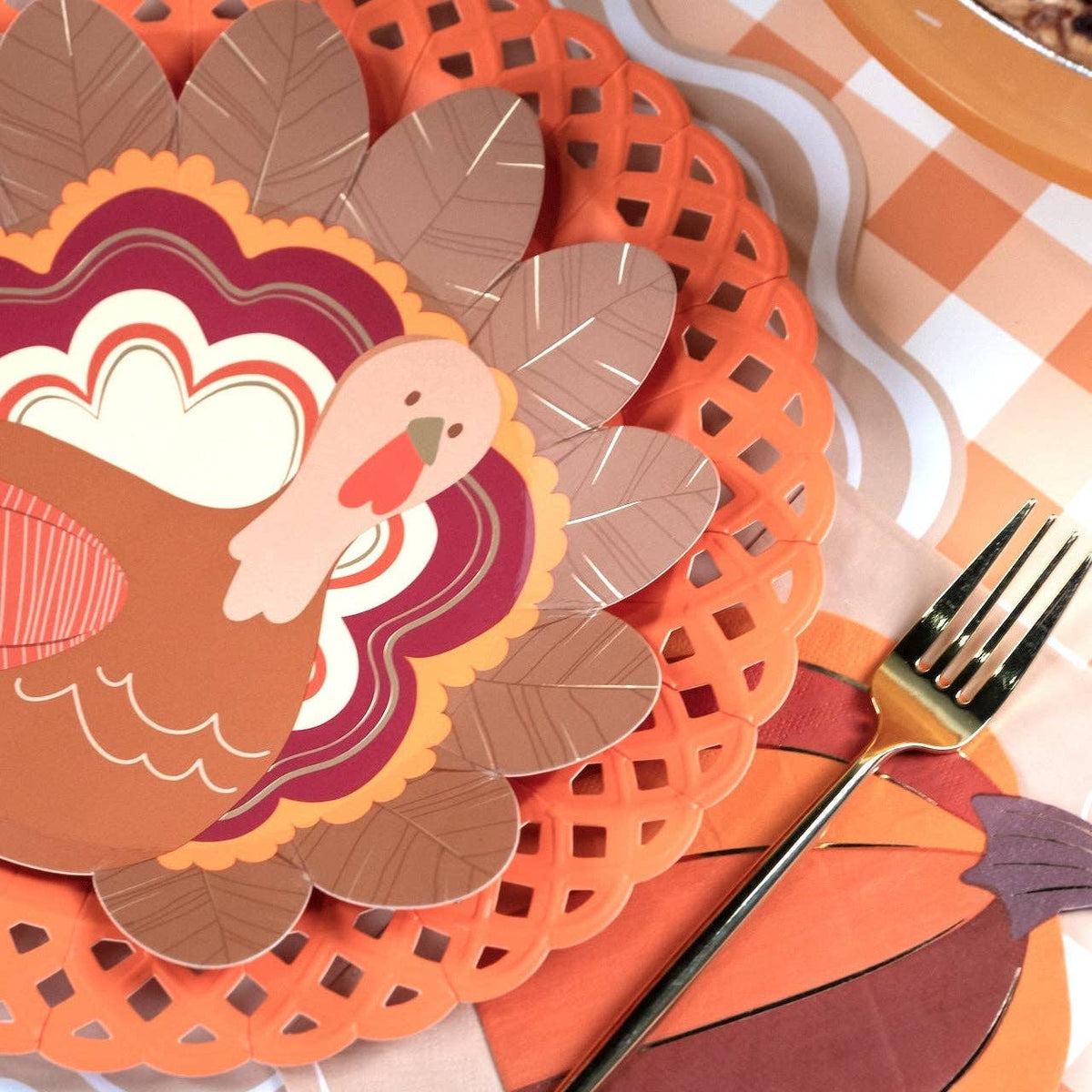 Thanksgiving turkey-shaped plates by Gatherings by Curated Paperie, featuring festive turkey design for holiday dining.