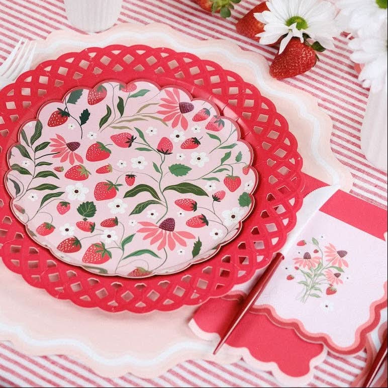 Red Basketweave Dinner Paper Plates from Gatherings by Curated Paperie, featuring a textured basketweave design for elegant dining.