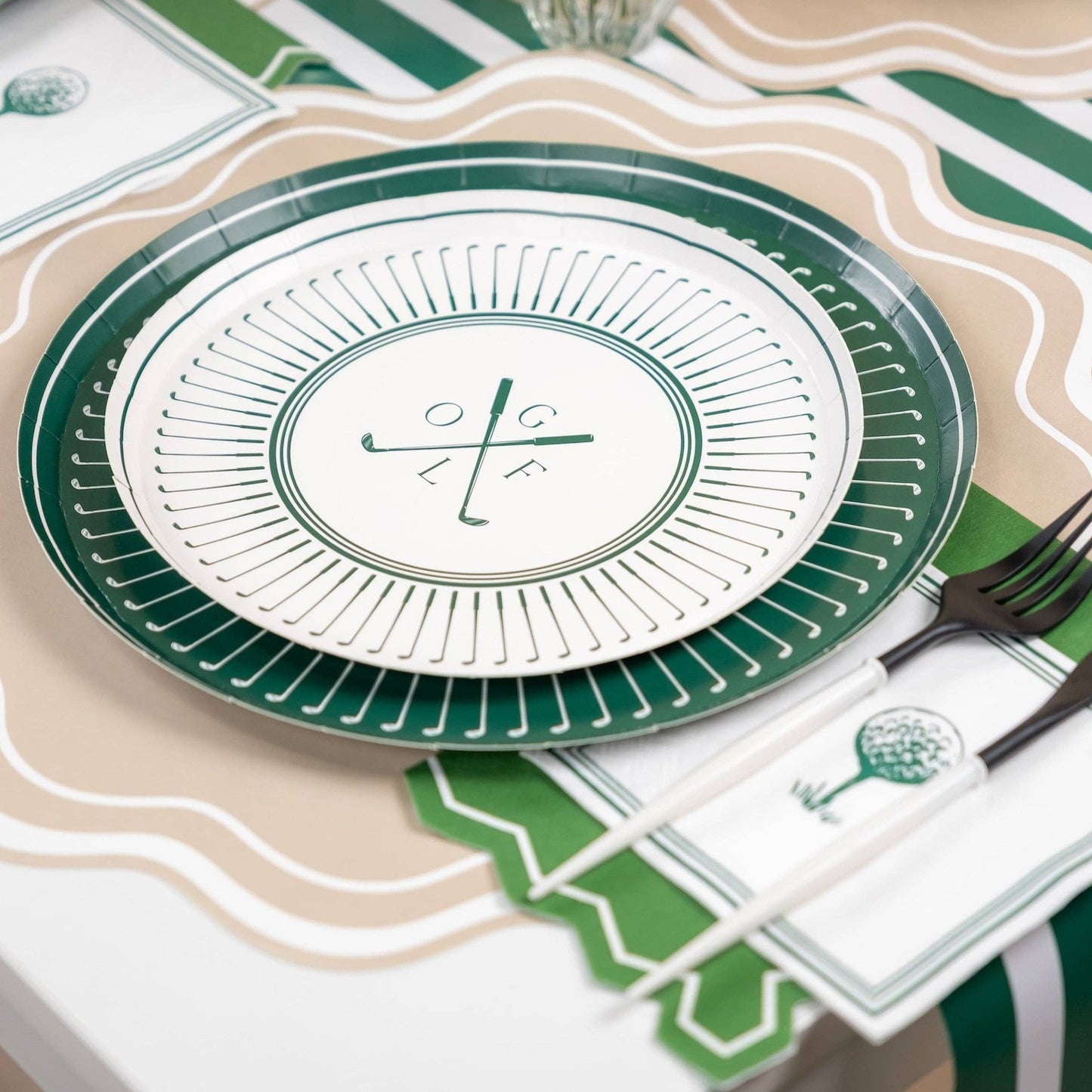 Set of 8 Gatherings by Curated Paperie 8.5-inch golf dessert plates with a festive golf-themed design for parties and gatherings.