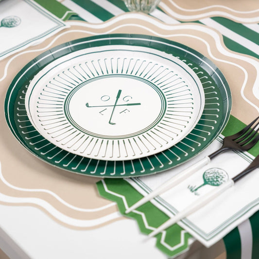 Set of 8 Gatherings by Curated Paperie 8.5-inch golf dessert plates with a festive golf-themed design for parties and gatherings.