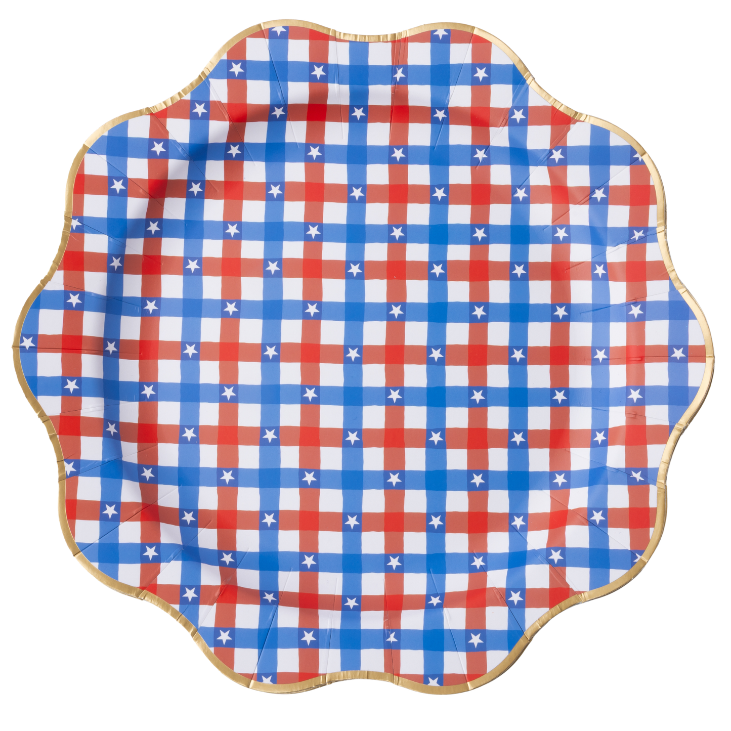 Red and blue gingham star dinner plates from Bonjour Fête, featuring a festive star pattern on classic gingham background.