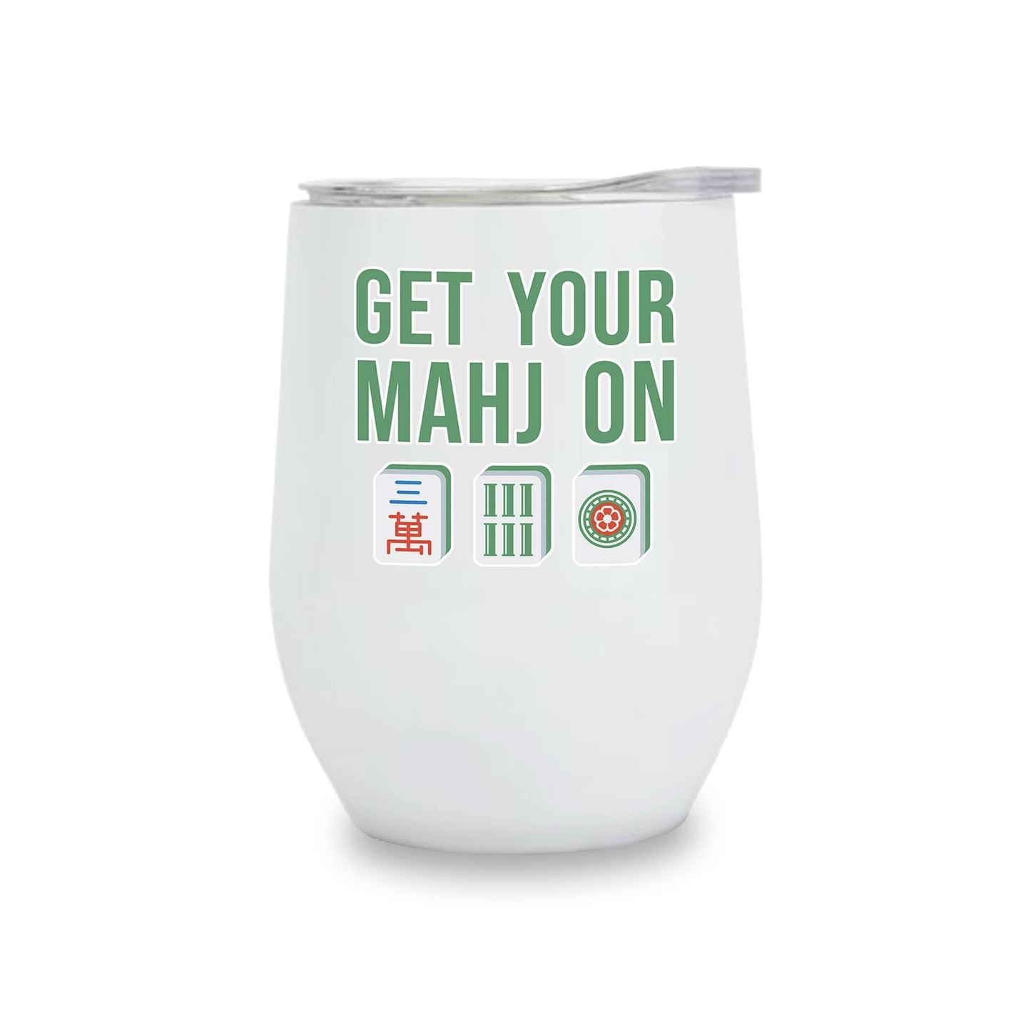 Insulated wine tumbler with Mahjong tiles design by Toss Designs, featuring a sleek stainless steel finish and colorful tile patterns.
