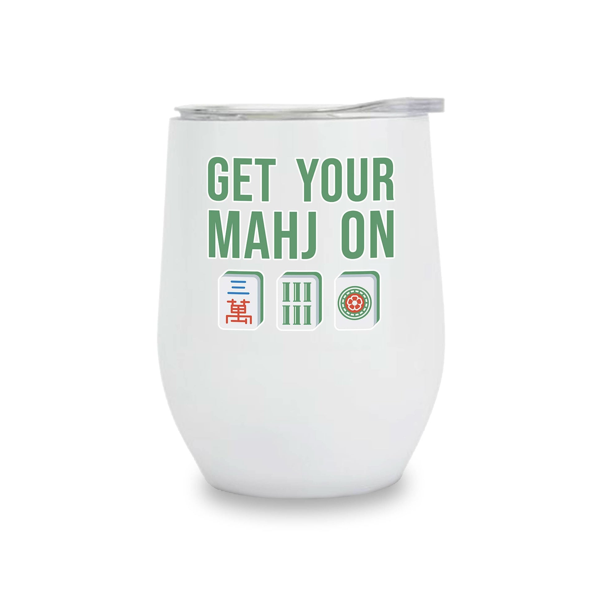 Insulated wine tumbler with Mahjong tiles design by Toss Designs, featuring a sleek stainless steel finish and colorful tile patterns.