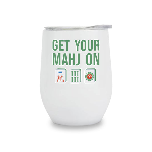 Insulated wine tumbler with Mahjong tiles design by Toss Designs, featuring a sleek stainless steel finish and colorful tile patterns.