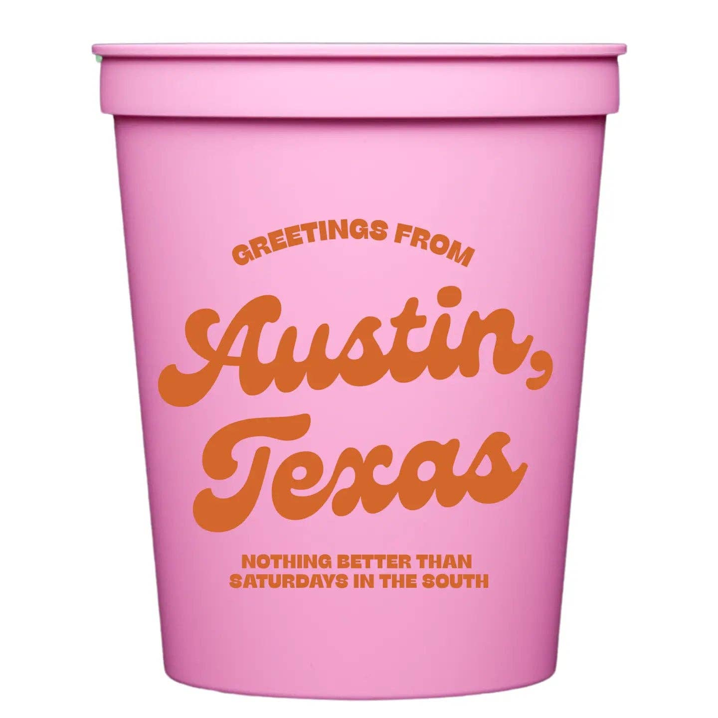 Set of six MadHouse Greetings From Austin Texas stadium cups featuring colorful Austin-themed designs.