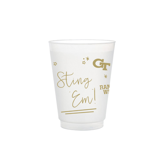 Set of eight Georgia Tech Frosted Flex Party Cups featuring the Georgia Tech logo, made by Valiant Gifts Inc.