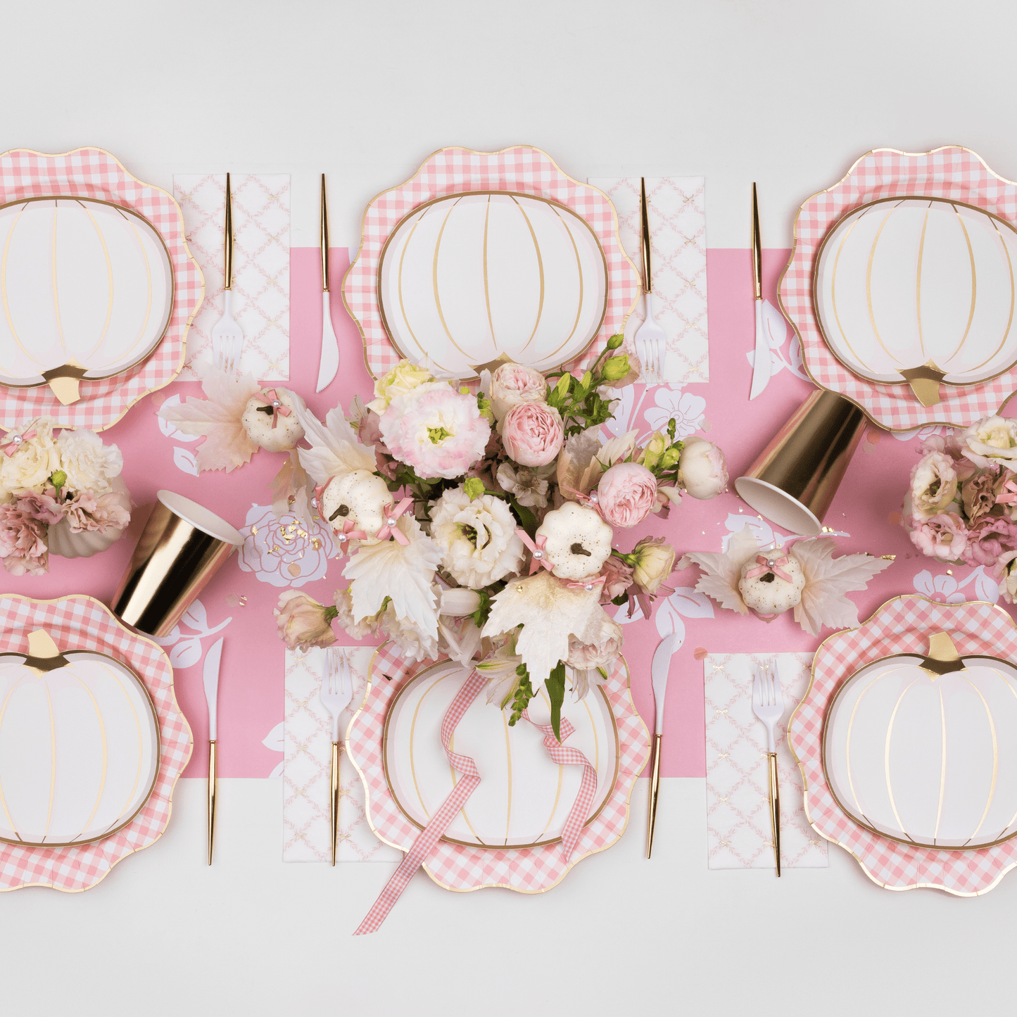 Petal Pink Gingham Dinner Plates with Gold Foil Rim - 11" | Set of 8 - Porcupine Paper Co.