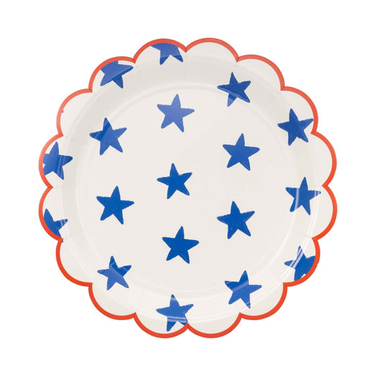Blue Stars Paper Plate by My Mind’s Eye, 9-inch round plate with a star pattern on a blue background, ideal for parties and celebrations.