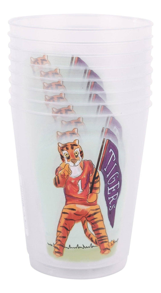 Set of 8 Clemson Mascot Frosted Cups by Glory Haus, featuring colorful mascot images on frosted glass cups.