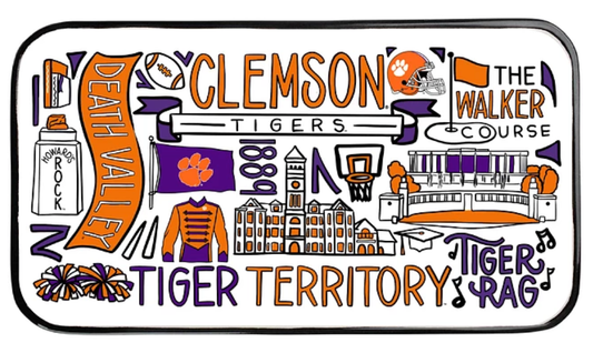 Clemson collage trinket tray by Glory Haus featuring a colorful Clemson Tigers design on a ceramic surface.