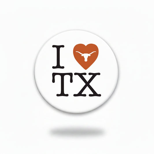 University of Texas I Heart Texas button by Good Vibez Collegiate, featuring a red heart and Texas logo on a round metal pin.