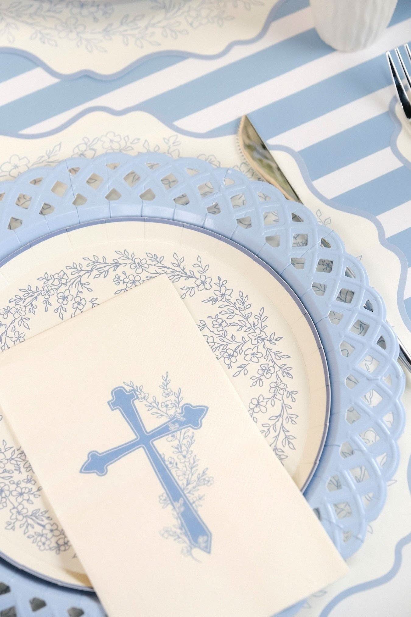Light Blue Basketweave Dinner Paper Plates - Porcupine Paper Co.