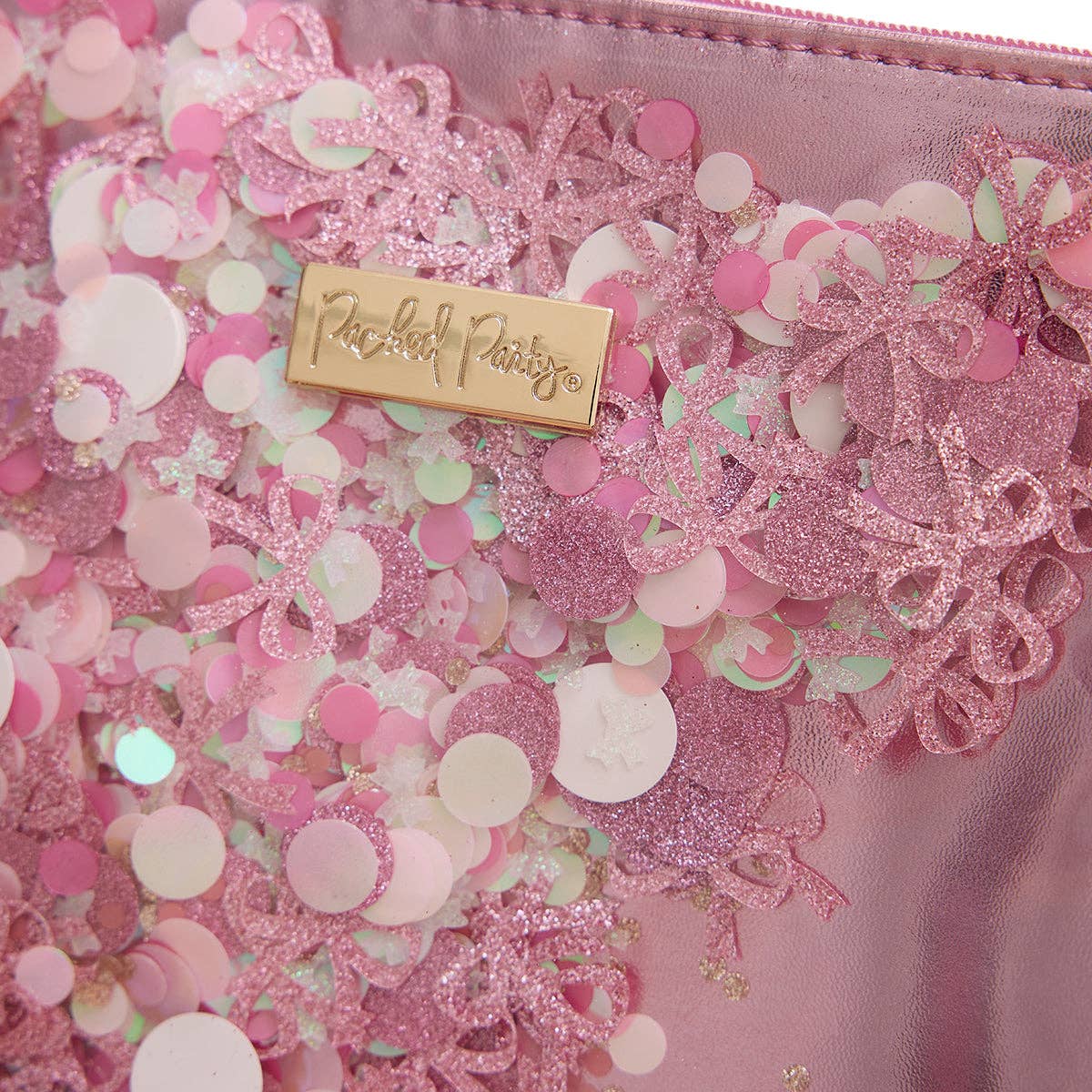 Pink Bows and Confetti Pink Everything pouch by Packed Party, featuring a colorful design with bows and confetti accents.