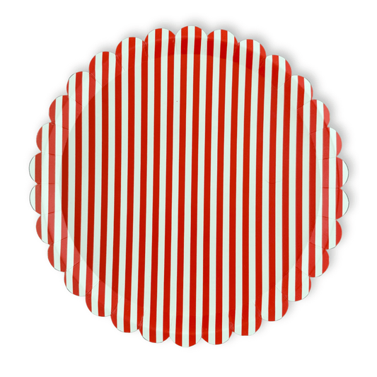 Red & White Candy Stripe Scalloped Dinner Plates | 12 count