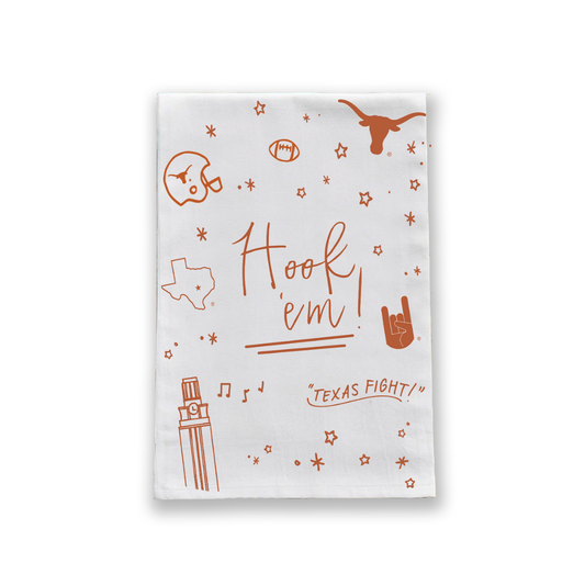 Texas Confetti Tea Towel by Valiant Gifts Inc featuring colorful confetti pattern and Texas design on cotton fabric.