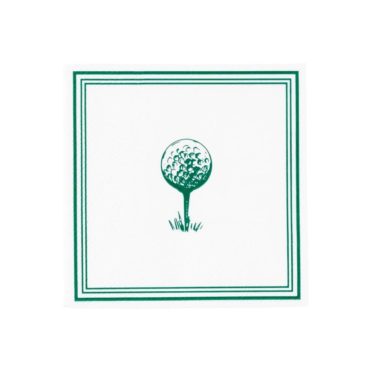 Set of 16 Gatherings by Curated Paperie golf-themed beverage napkins with green and white design for parties and events.