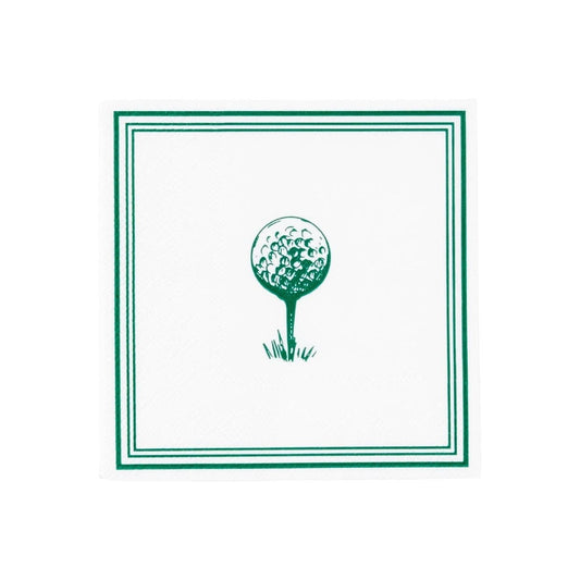Set of 16 Gatherings by Curated Paperie golf-themed beverage napkins with green and white design for parties and events.