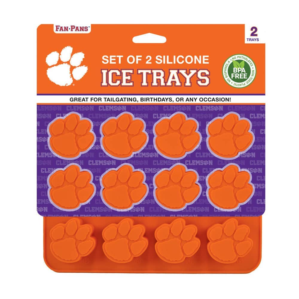 Clemson Tigers ice cube tray by Masterpieces Puzzles with tiger paw and logo-shaped ice molds on a white surface.