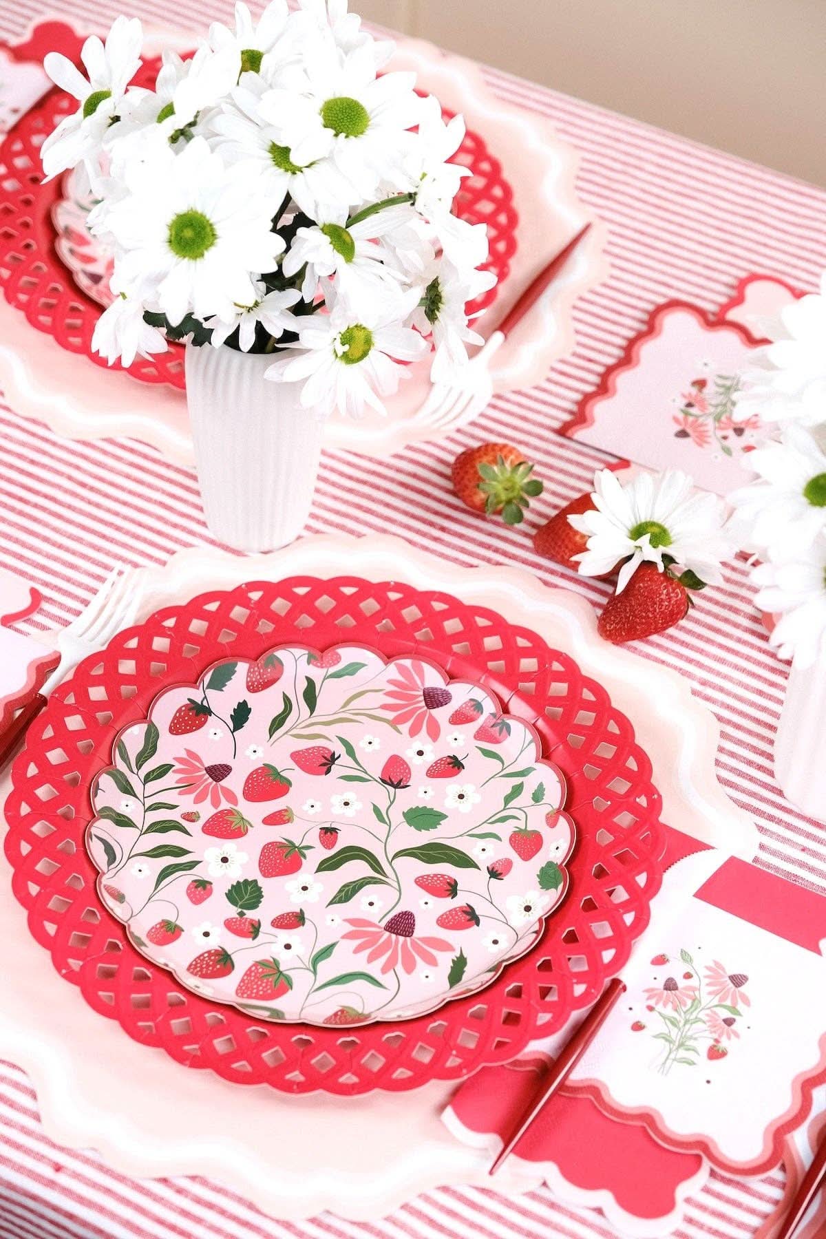 Red Basketweave Dinner Paper Plates by Gatherings by Curated Paperie, featuring a textured basketweave design for serving meals.