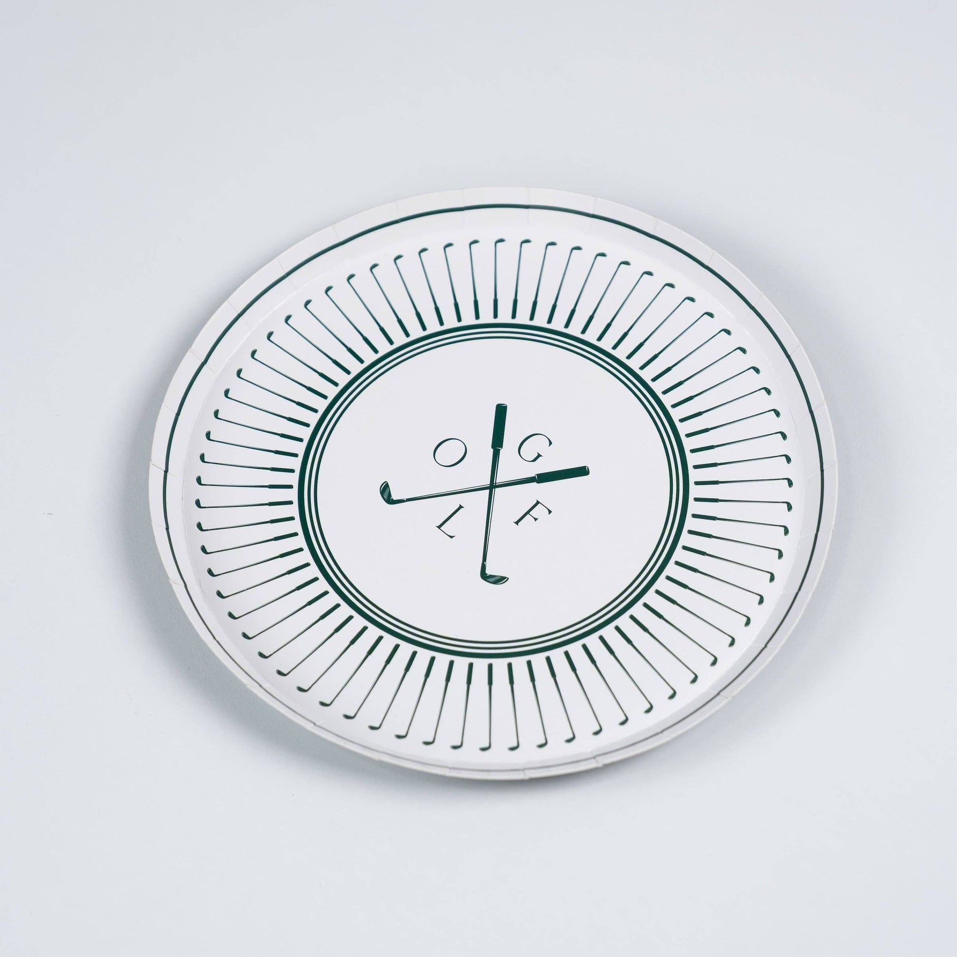 Set of 8 Gatherings by Curated Paperie golf-themed dessert plates, 8.5 inches, with green and white design for parties