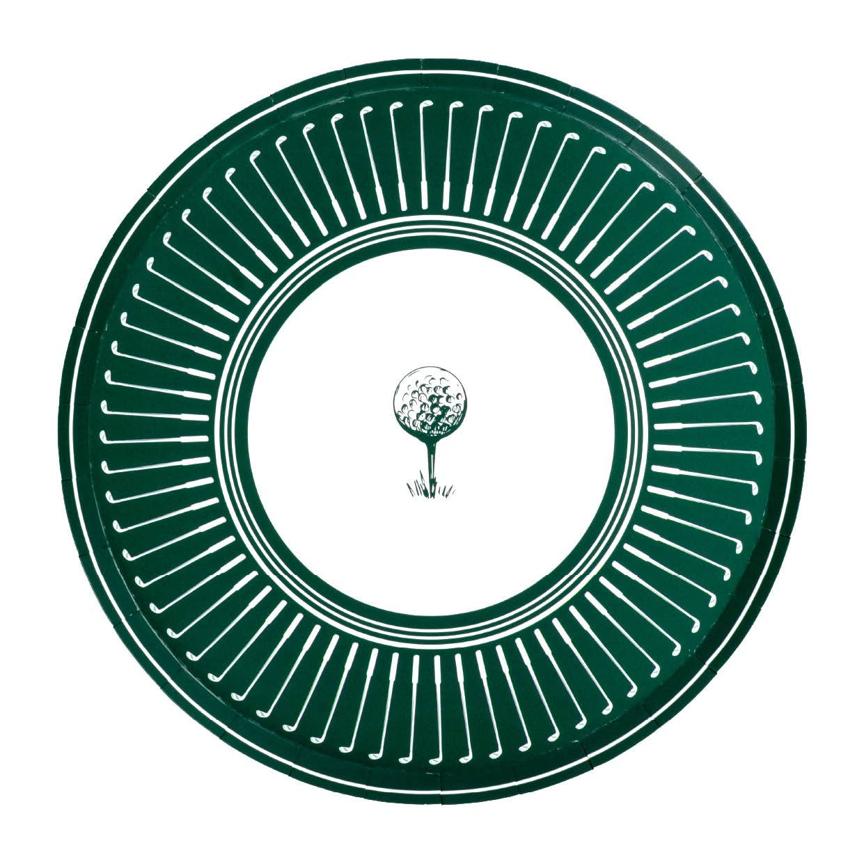 Set of 8 Gatherings by Curated Paperie 10.5-inch golf dinner plates with a green and white golf pattern for outdoor dining.