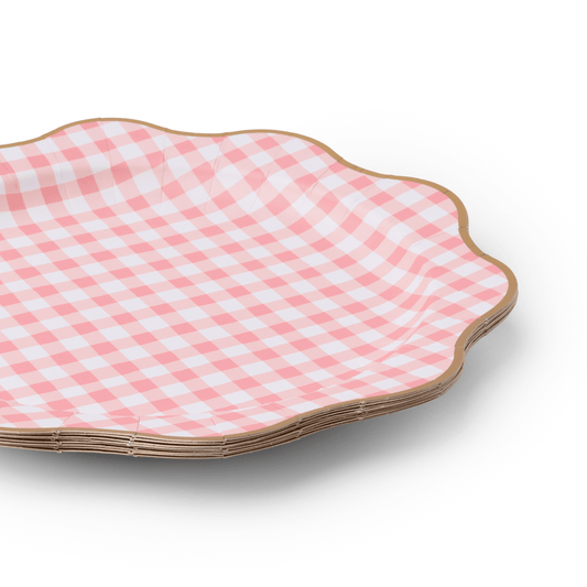 Petal Pink Gingham Dinner Plates with Gold Foil Rim - 11" | Set of 8 - Porcupine Paper Co.