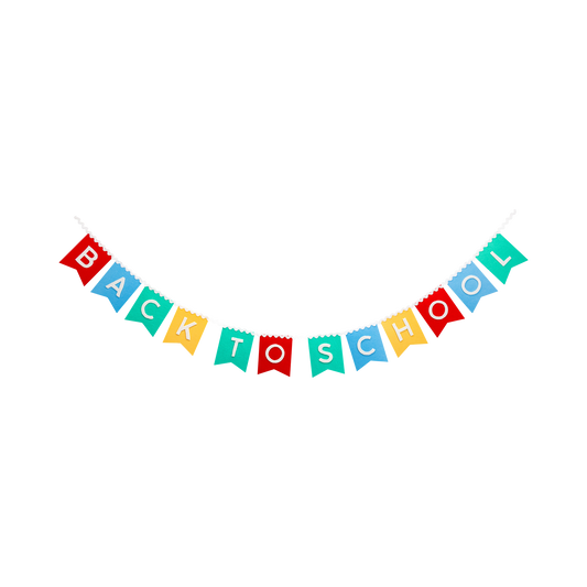 Back to School Felt Banner by My Mind’s Eye, 6 ft. long with colorful school-themed felt letters and decorations for classroom decor.