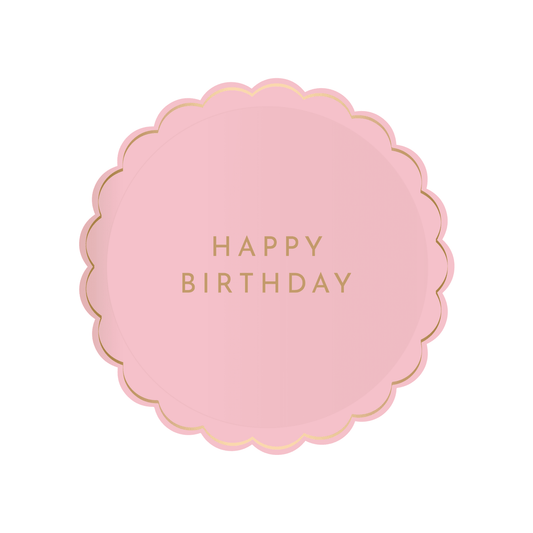 Petal Pink Happy Birthday dessert plates by Bonjour Fête, 8.5-inch set of 8 with floral design for celebration.