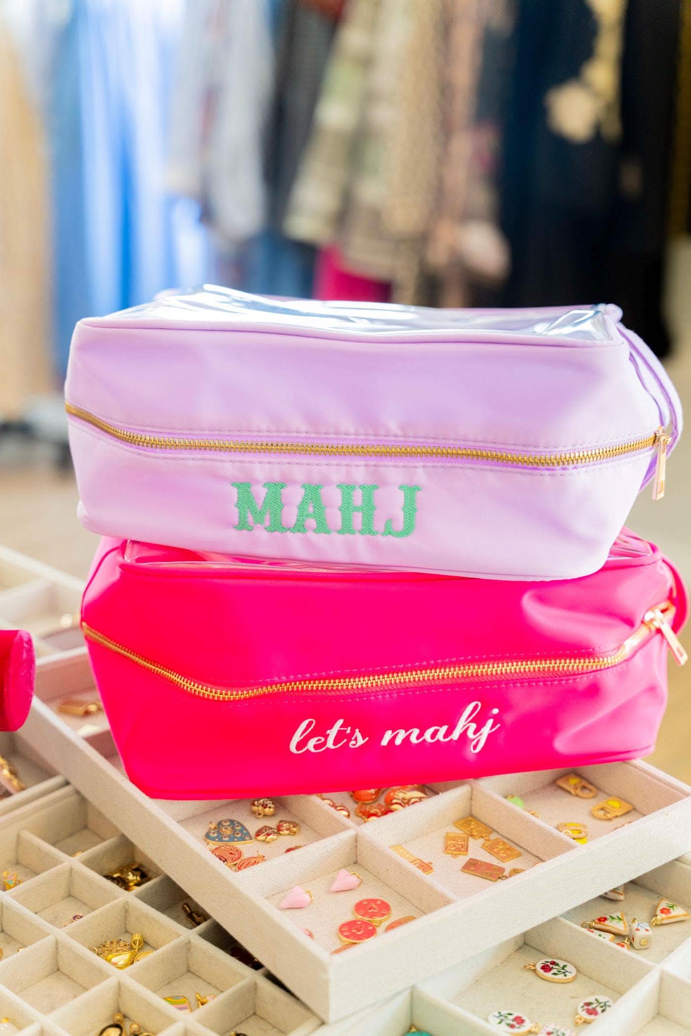 Clear Mahjong Tile Storage Bag with Handles: Hot Pink / Let's Mahj - Porcupine Paper Co.